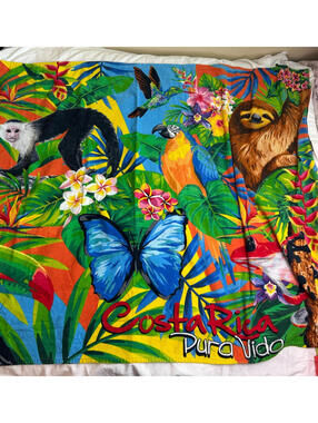 Tropical Costa Rica Wildlife Beach Towel Sloth Monkey Macaw Vibrant